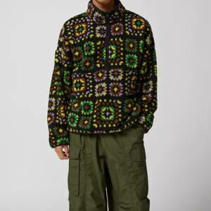 BDG Fleece Pullover Black Multicolor Zip Jacket Crochet Print Indie Sleaze